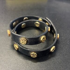 Tory Burch Double Wrap Black Bracelet with Gold Accents
